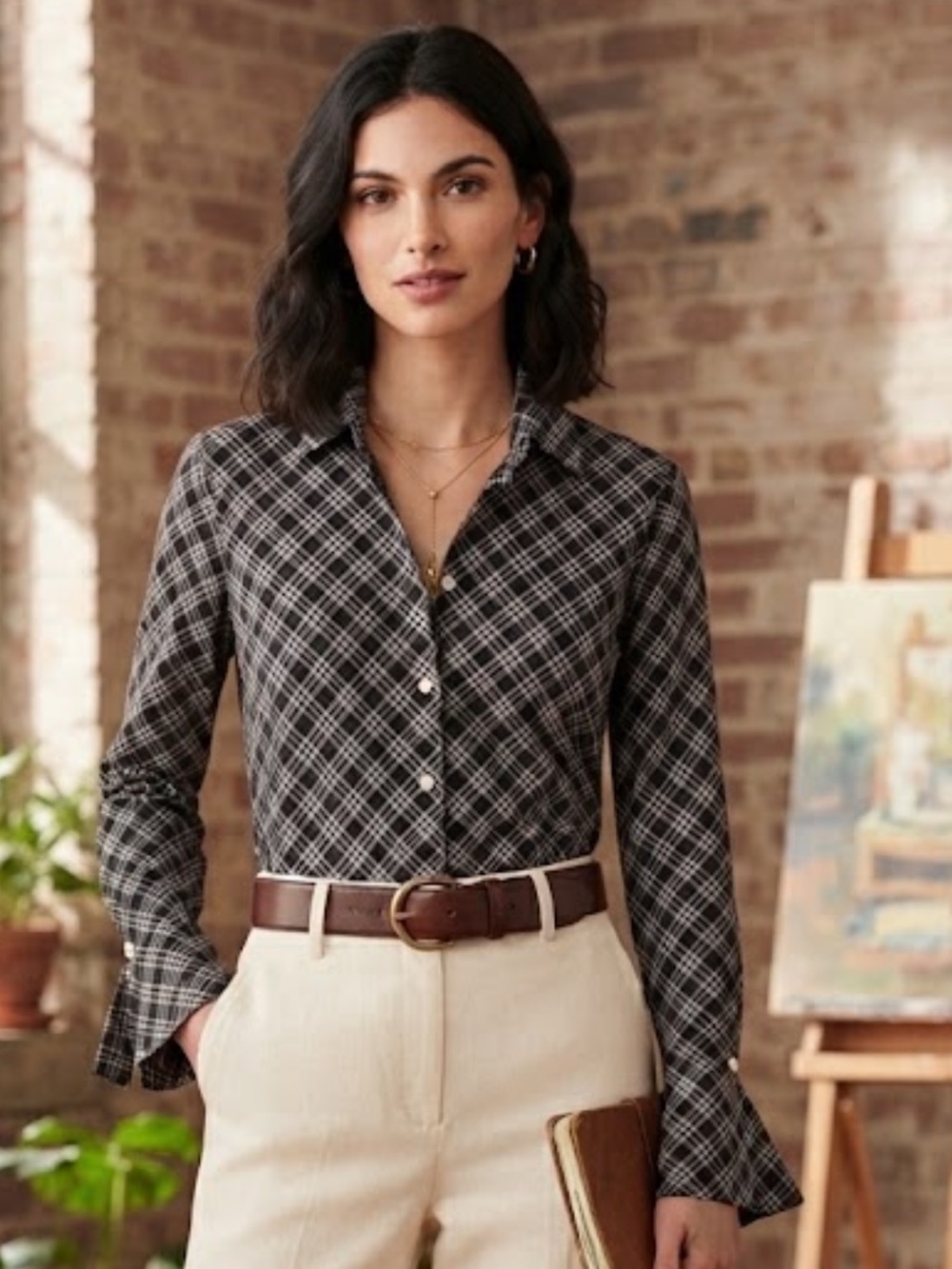 Lauren Ralph Lauren Black Plaid Cotton Button-Down Blouse with Bell Cuffs